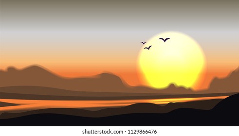 Mountain valley minimalistic vector illustration with river, palm and hills silhouette. Calm vector mountain mountains valley illustration, bright sun. Mountain valley concept minimalistic landscape