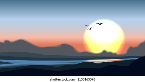 Mountain valley minimalistic vector illustration with river, palm and hills silhouette. Calm vector mountain mountains valley illustration, bright sun. Mountain valley concept minimalistic landscape