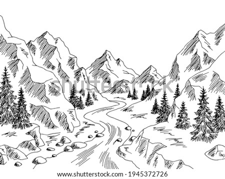 Mountain valley river graphic black white landscape sketch illustration vector