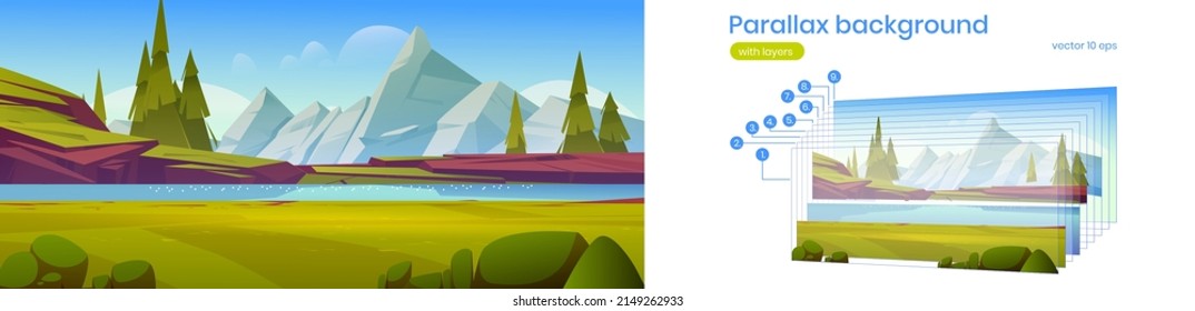 Mountain valley with river, green grass and firs. Vector parallax background ready for 2d animation with cartoon illustration of summer landscape with water stream, conifers and rocks