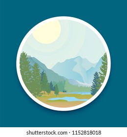 Mountain valley and river, sun in blue sky and green forest vector landscape in round. Vector illustration mountain landscape, sun and green forest