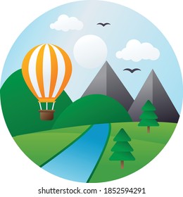 Mountain valley and river, sun in blue sky and green forest concept, Hot air balloon with flying Birds vector Icon design landscape in round.