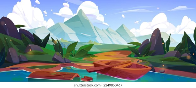 Escena del valle de montaña con lago y barco. Panorama de la naturaleza, paisaje de verano con barca de madera, río, prados con hierba y piedras verdes, colinas y rocas en el horizonte, ilustración vectorial de dibujos animados