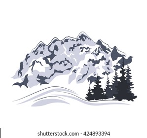 Mountain valley sketch. Silhouette of the mountains. Vector illustration. Mountain range isolated on white.