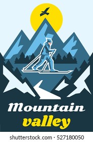 Mountain valley. Skier walking in the snow. Fresh air. on the horizon, winter nature view. Pine forest. Vector illustration. Flat style