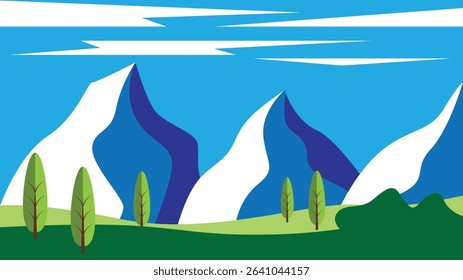 Mountain Valley in Summer with Trees and Bushes Flat Style. Landscape of scenic beauty in nature vector art