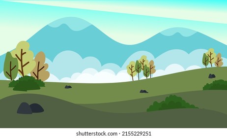 Mountain valley at sunrise. Natural summer sceneryNature Mountain valley summer scenery cartoon, flat design landscape background vector