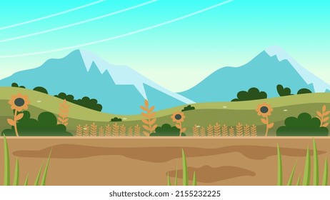 Mountain valley at sunrise. Natural summer sceneryNature Mountain valley summer scenery cartoon, flat design landscape background vector