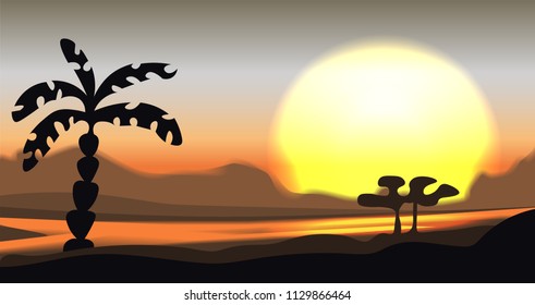 Mountain valley vector illustration with river, palm and hills silhouette. Calm vector mountain savanna valley illustration, bright sun and tropic trees. Mountain valley concept minimalistic landscape