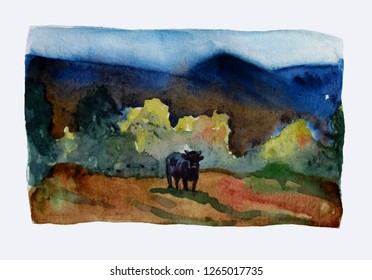 Mountain valley. Watercolor landscape