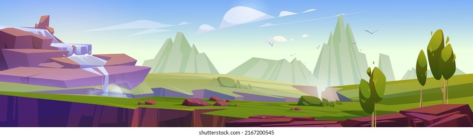 Mountain valley with waterfall, cracks in ground and trees. Vector cartoon panoramic illustration of summer landscape with green grass, rocks and water stream falling from cliff