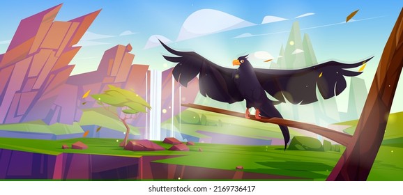 Mountain valley with waterfall and raven on tree branch. Vector cartoon illustration of summer landscape with green grass, rocks, water stream falling from cliff and black crow with spread wings