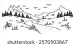 mountain valley with winding path and flying birds hand-drawn illustration