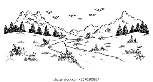 mountain valley with winding path and flying birds hand-drawn illustration