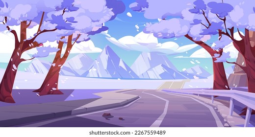 Mountain valley winter landscape with highway road, forest, snowy trees and white fields. Nature scene with empty asphalt road, rocks on skyline, clouds in blue sky, vector cartoon illustration