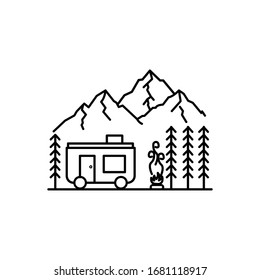 Mountain van and camping line illustration