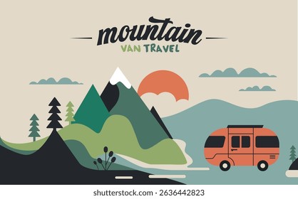 Mountain and van travel. vector drawing with individual elements of mountains and van. Illustration for presentation or holiday postcard, to invite people to travel to mountains