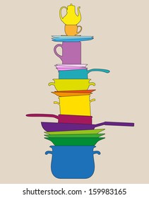 mountain of various dishes and kitchen utensils