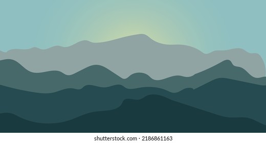 Mountain Vector Art. Sun is behind the mountains. Background for website. Poster, banner. Sunrise