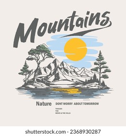 mountain vector art T-shirt print design, Adventure at the mountain graphic artwork for t shirt and others. Mountain with tree retro vintage print design. the great outdoors.