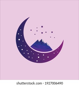mountain vector with crescent moon mono line style illustration.