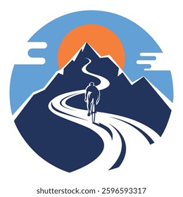 Mountain vector design, A mountain road with a yellow sun logo vector, Suitable for Manufacturing T-Shirt, Sticker, Coloring Book, vector Illustration etc.