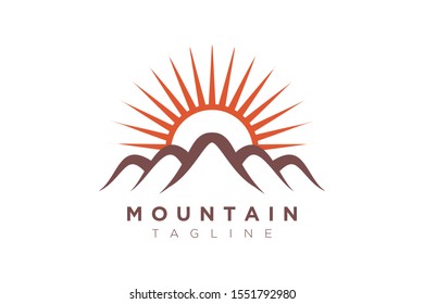 Mountain vector design with the sun in a minimalist and simple shape.