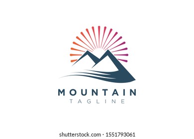 Mountain vector design with the sun in a minimalist and simple shape.