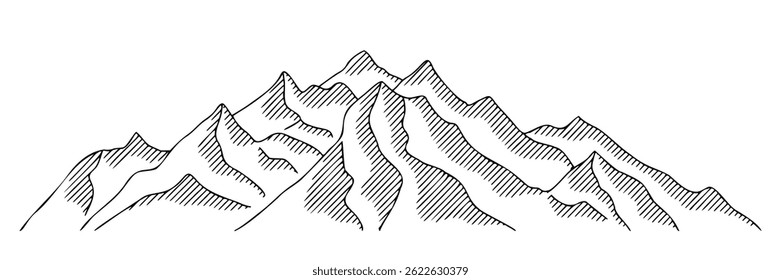 Mountain vector drawing, line art vector, pencil shading, abstract stylization, minimalism