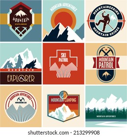 Mountain vector. Flat style mountain labels collection.