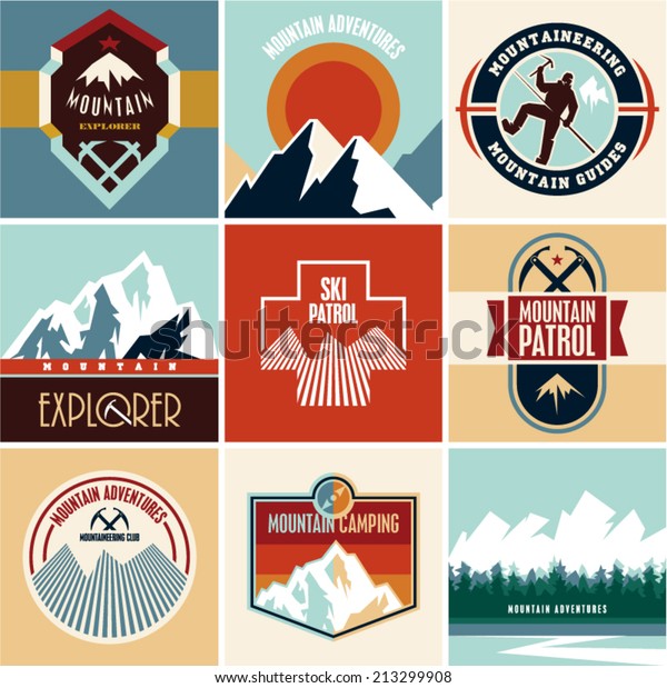 Mountain\
vector. Flat style mountain labels\
collection.
