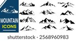 Mountain vector, hill landscape icon set. Mountain silhouette set. Hill, rocky, hiking, range, travel and landscape icon. Vector illustration.