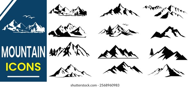 Mountain vector, hill landscape icon set. Mountain silhouette set. Hill, rocky, hiking, range, travel and landscape icon. Vector illustration.