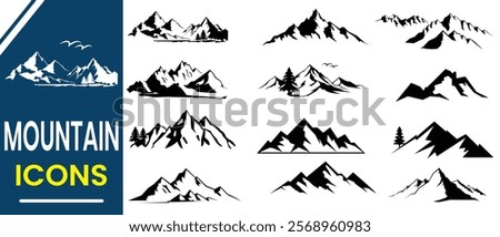 Mountain vector, hill landscape icon set. Mountain silhouette set. Hill, rocky, hiking, range, travel and landscape icon. Vector illustration.