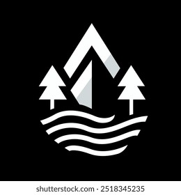 Mountain vector icon featuring pine trees and water waves for outdoor and adventure themes.