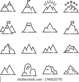 Mountain vector icon illustration set. Contains such icon as Hill, Adventure, Peak, mountain, mount, height, fell, Rocky, and more. Expanded Stroke