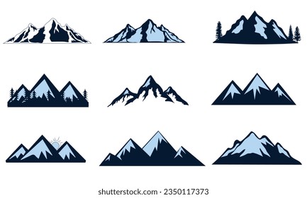 mountain vector, icon, logo. Set of rocky mountain silhouette. bundle vector. Design a illustrator vector of Mountain Silhouette Clip-art set.