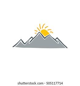 Mountain vector icon and sun isolated on white background - stylized image.