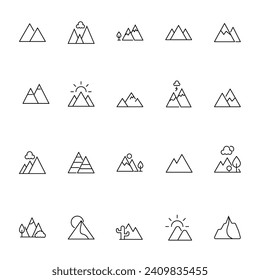 Kollektion von Mountain Vector Icons. Geeignet für Bücher, Läden, Geschäfte. Bearbeitbarer Strich in minimalistischem Rahmenstil. Design-Symbol 