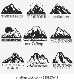 Mountain vector icons set. Landscape silhouette elements. Outdoor snow ice mountains tops symbols. Camping logo, geology and travel labels, climbing badges. Vector