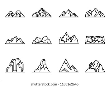 Mountain vector icons set with white background. Thin Line Style stock vector.