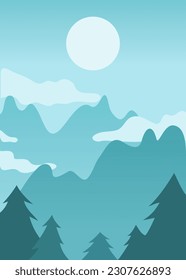 Mountain vector illustration in cool tones with pines in the foreground.