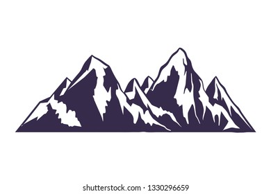 Mountain vector illustration, landscape mature silhouette element outdoor icon snow ice tops and decorative isolated camping travel climbing or hiking.