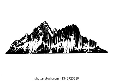 Mountain vector illustration, landscape mature silhouette element outdoor icon snow ice tops and decorative isolated camping travel climbing or hiking.