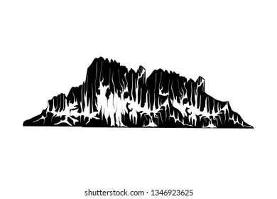 Mountain vector illustration, landscape mature silhouette element outdoor icon snow ice tops and decorative isolated camping travel climbing or hiking.