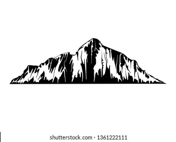 Mountain vector illustration, landscape mature silhouette element outdoor icon snow ice tops and decorative isolated camping travel climbing or hiking.