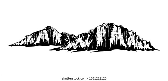 Mountain vector illustration, landscape mature silhouette element outdoor icon snow ice tops and decorative isolated camping travel climbing or hiking.