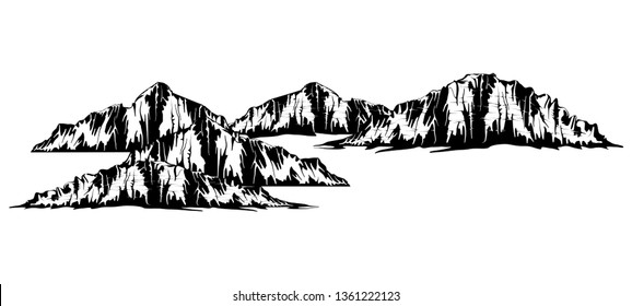 Mountain vector illustration, landscape mature silhouette element outdoor icon snow ice tops and decorative isolated camping travel climbing or hiking.