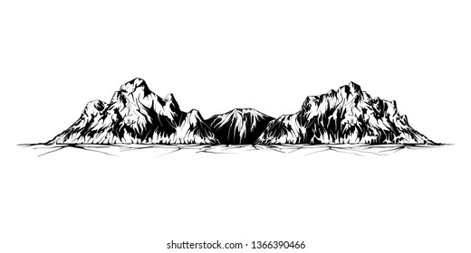 Mountain vector illustration, landscape mature silhouette element outdoor icon snow ice tops and decorative isolated camping travel climbing or hiking.