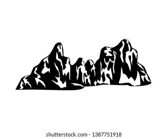 Mountain vector illustration, landscape mature silhouette element outdoor icon snow ice tops and decorative isolated camping travel climbing or hiking.